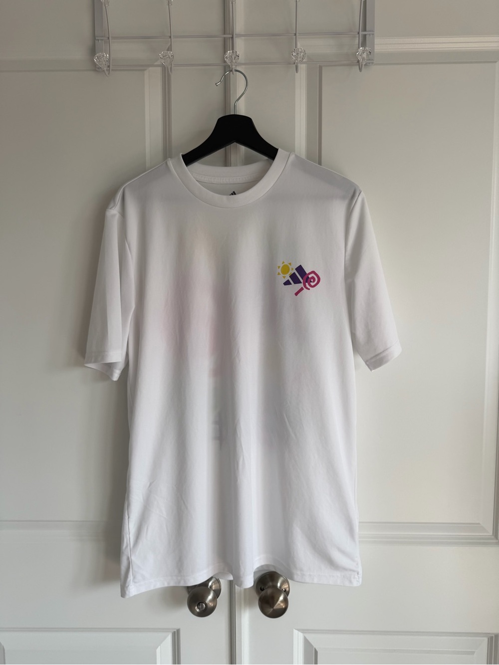 adidas White Short-Sleeve Tee with Small Multicolor Chest Motif
